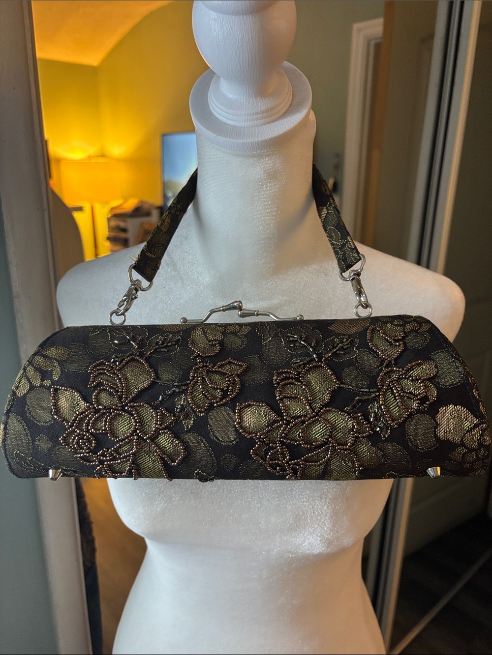 Vintage Embroidered Black and Gold Floral Evening Clutch